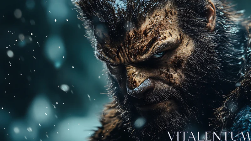 Ferocious winter beast warrior under driving snowstorm.