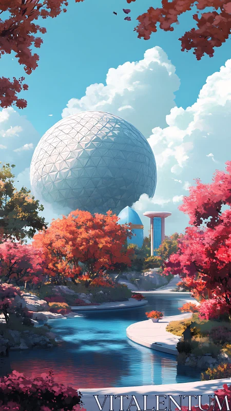 Futuristic geodesic sphere rises above serene autumn river