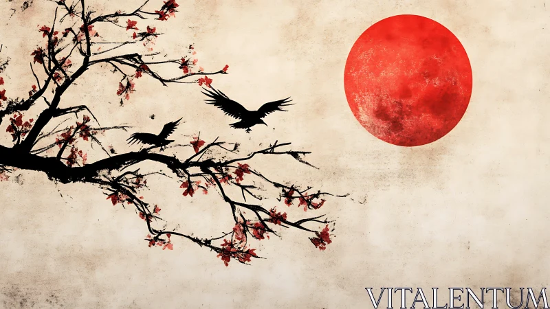 Graceful crows in cherry branches under a quiet red moon.