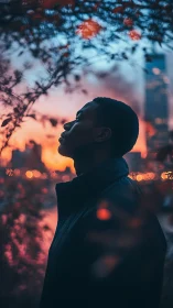 Silhouetted profile studies neon dusk over blurred city lights.