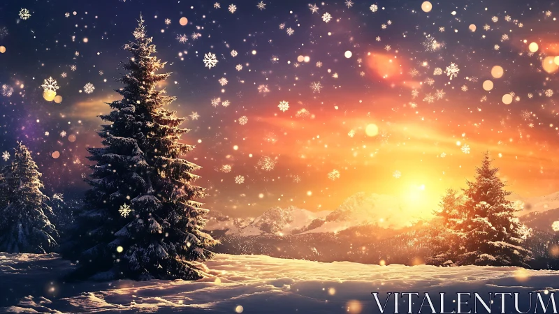 Snow-draped pines under glowing winter sunset sky.