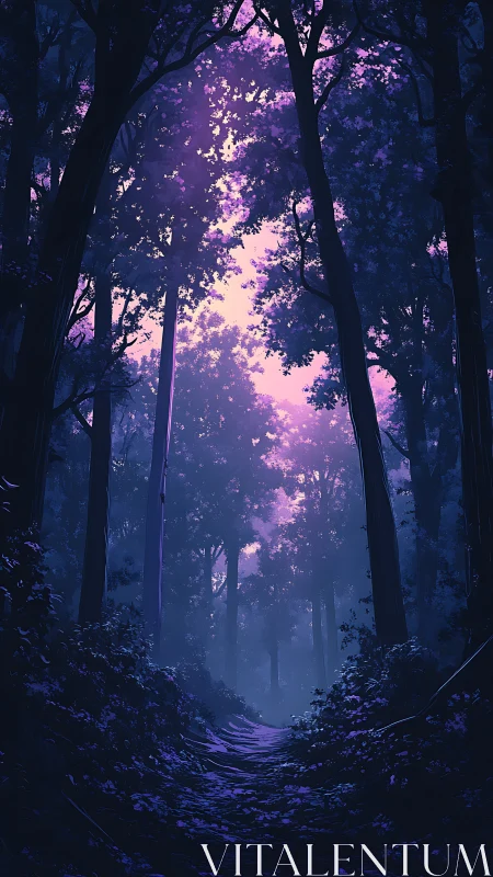 Enchanted Forest Path Glowing with Purple Twilight Magic