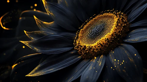 Gilded midnight sunflower crowned in glowing ember pollen.