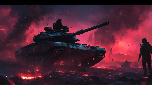 Storm-lit battle tank rolling through a fiery nightscape.