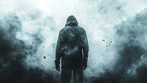 Hooded silhouette standing in stormy exploding smoke cloud.