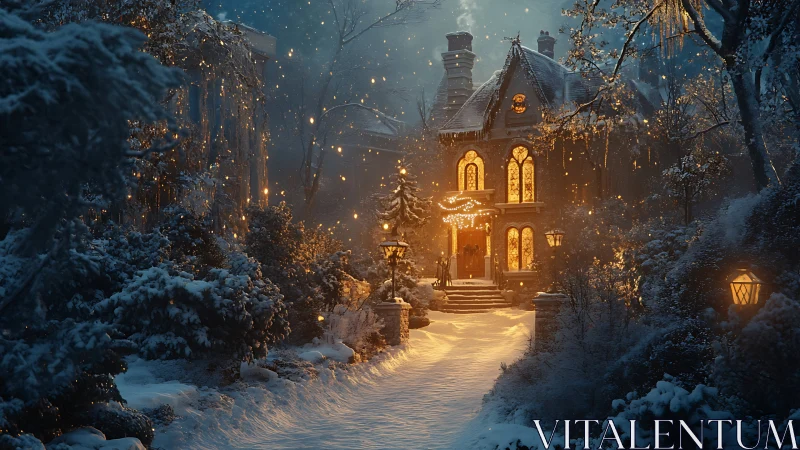 Snow-laden cottage with warm windows and lantern-lit pathway