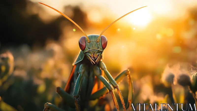 Sunset mantis monarch bathing in molten golden meadow light.