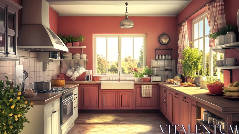 Sunlit rustic kitchen glows with warm coral cabinets and herbs