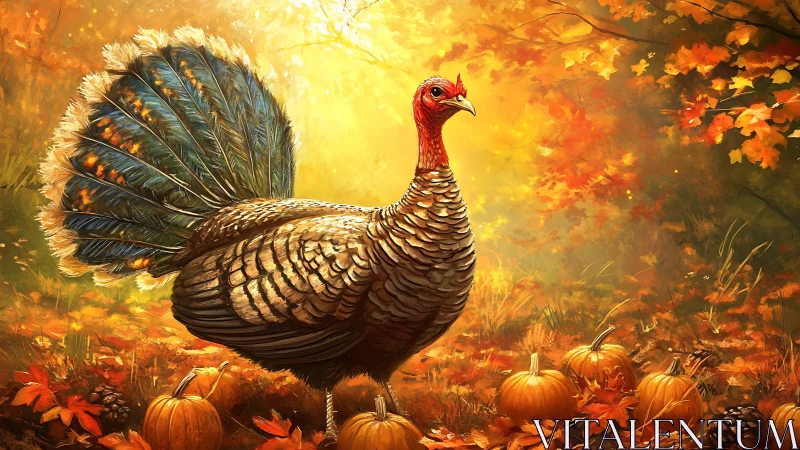 Autumn turkey amid pumpkins in glowing forest light.