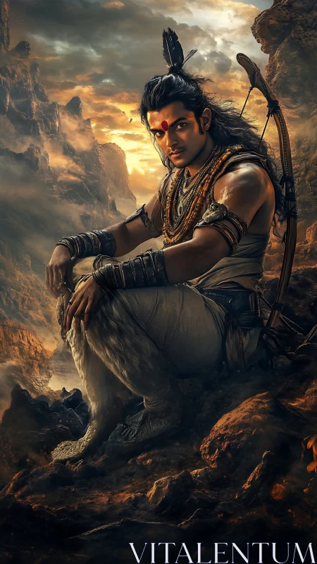 Mythic archer broods in stormlit canyon of molten dusk.