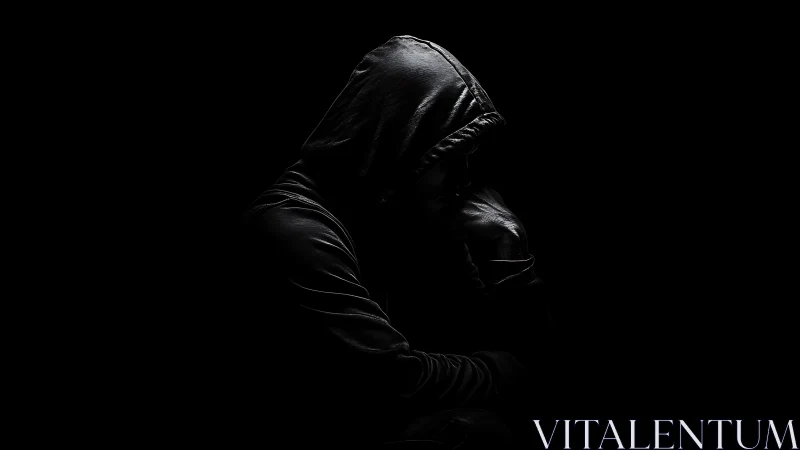 Hooded figure in profile isolated against dark black background.