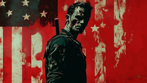 Battle-scarred soldier stands before distressed US flag backdrop