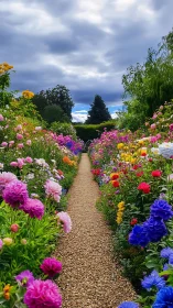 Vibrant flower garden pathway beneath dramatic sky