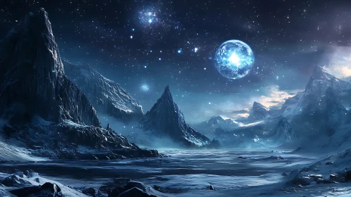 Frozen alien valley beneath luminous blue planet.