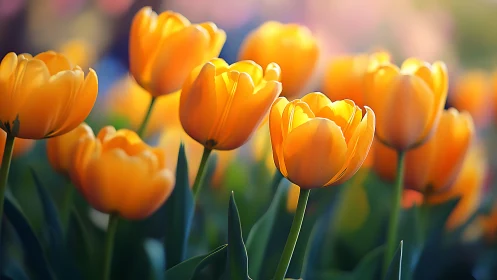 Golden tulips basked in spring sunlight and blur.