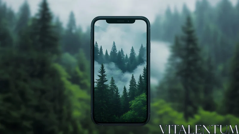 Smartphone Display Integration with Photorealistic Forest Landscape and Atmospheric Mist