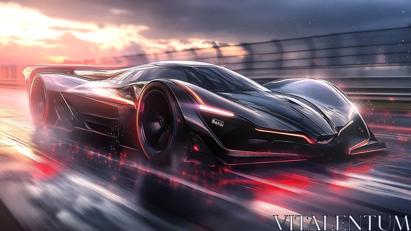 Futuristic black hypercar racing on wet track at sunset