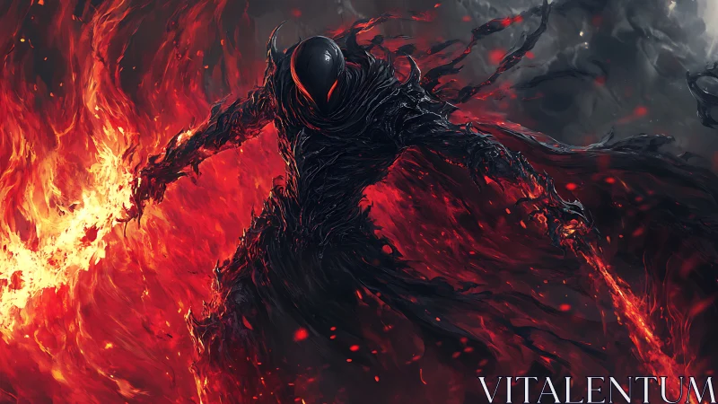 Infernal shadow warrior wielding molten flame blades.