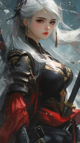 Silver haired warrior in ornate black armor, crimson sashes.