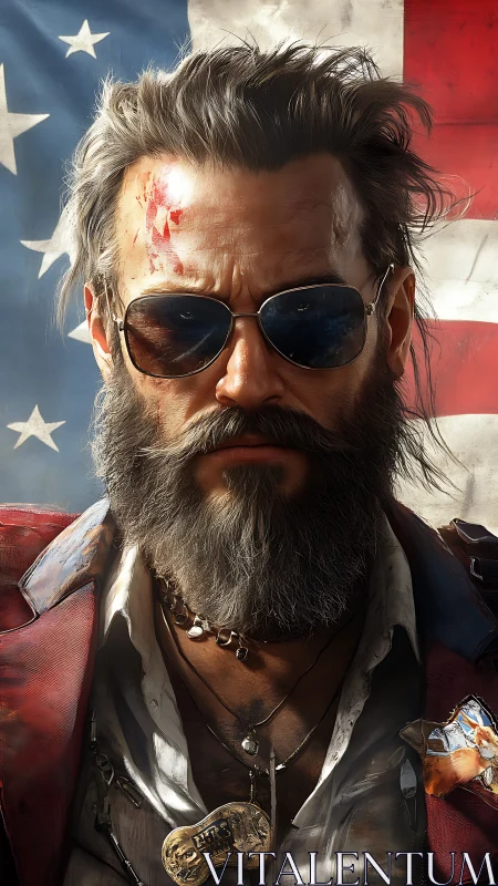 Weathered bearded man in sunglasses before US flag.