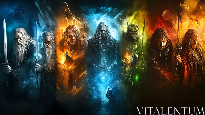 Epic elemental fantasy council in vertical chromatic panels.