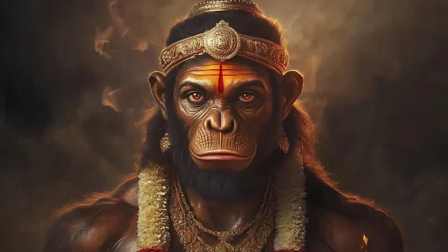 Regal humanoid ape deity portrait in warm dramatic light.