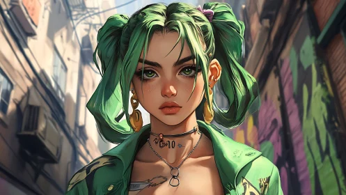 Neon girl with jade twin tails owns the painted backstreet.