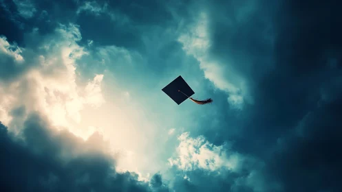 Graduation cap soars upward through stormy illuminated sky.
