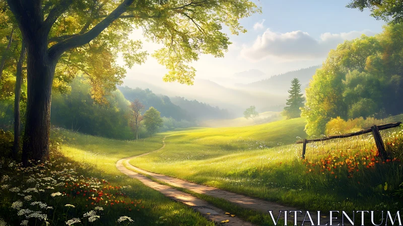 Sunlit rural valley path with morning mist and wildflowers