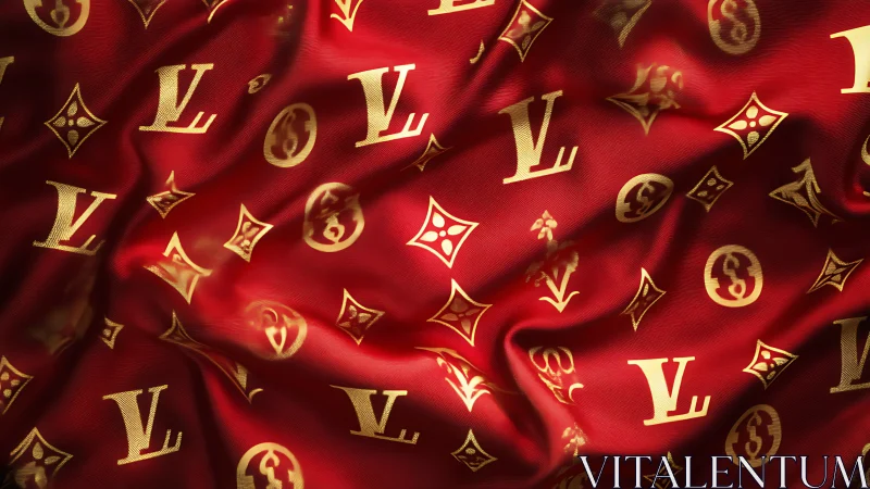 Red satin fabric with repeating gold luxury brand monograms.