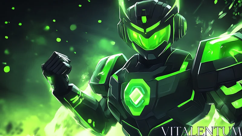 Neon sentinel punches through a storm of emerald plasma light