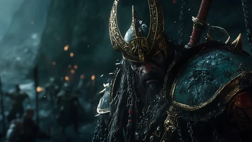 Battle-hardened fantasy king standing firm in stormy dusk.