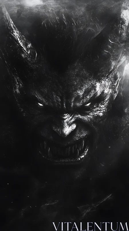 Demonic creature face emerges from dark monochrome smoke