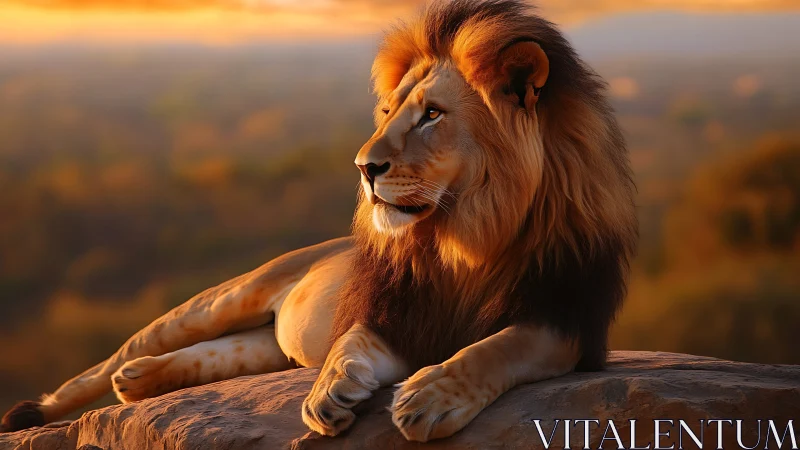 Sunlit savanna king lounging on his ember-gold throne.