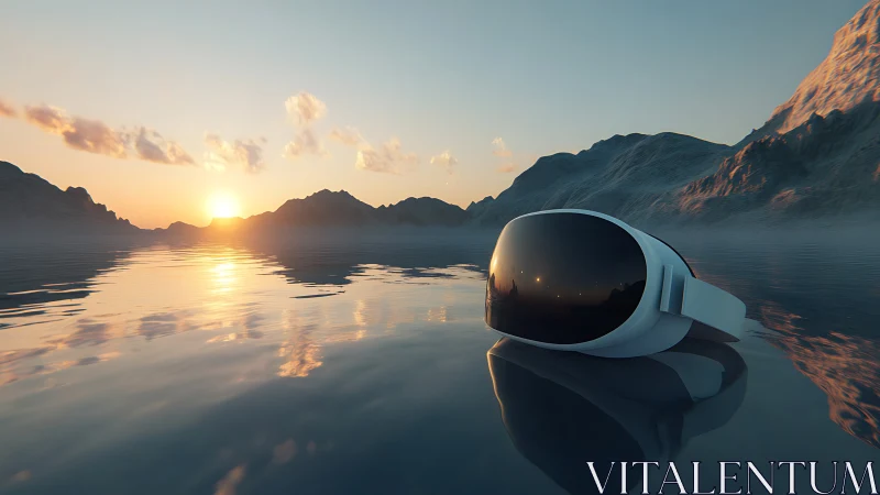Immersive VR headset adrift on reflective alpine lake at dawn.