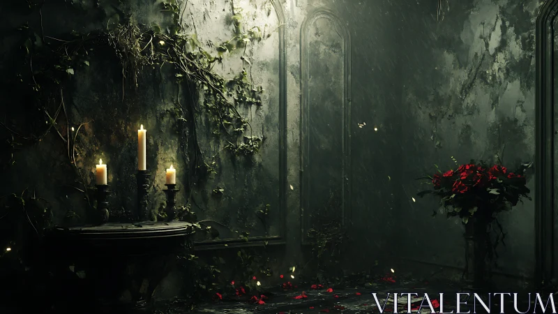 Gothic candlelit alcove illuminates decayed roses and ivy