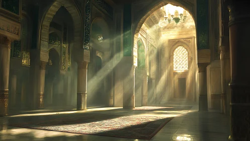 Sunlit interior of vaulted Islamic hall with patterned carpets
