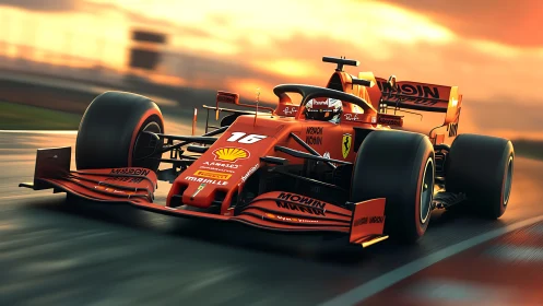 Ferrari Formula 1 car on track at sunset, side-front view.