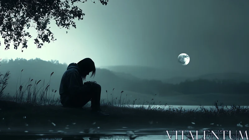 Solitary person by lakeside under moonlit night sky.