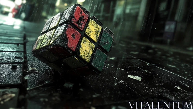Weathered Rubik’s cube rests on a rainy city street.