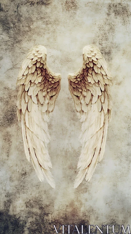 Ivory angel wings against distressed textured wall.