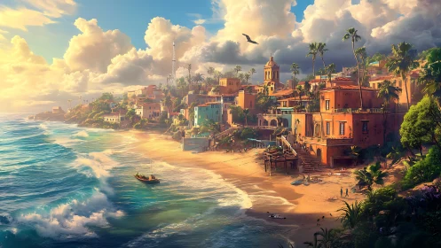 Golden hour over vibrant hillside Mediterranean bay town.