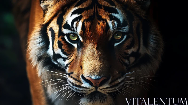 High-contrast frontal tiger portrait with cinematic rim lighting