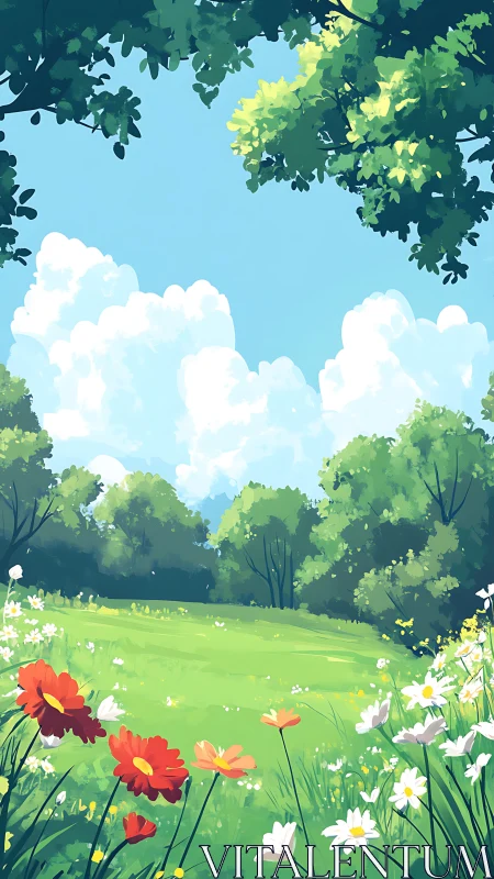 Sunny wildflower meadow under bright summer clouds.