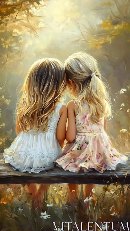 Two Young Girls Embracing in Luminous Garden Setting. Oil Rendering.