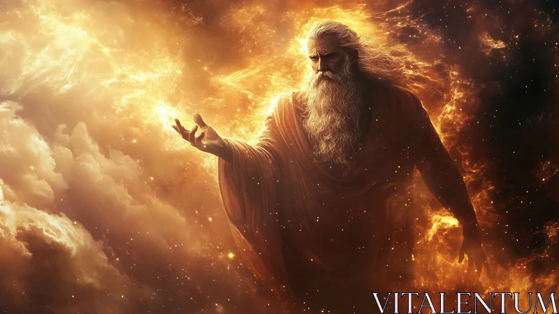 Elder fire god strides through blazing cosmic dawn storm.