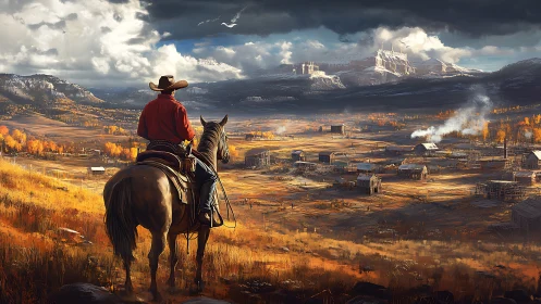 Cowboy on horseback surveying frontier settlement basin panorama.