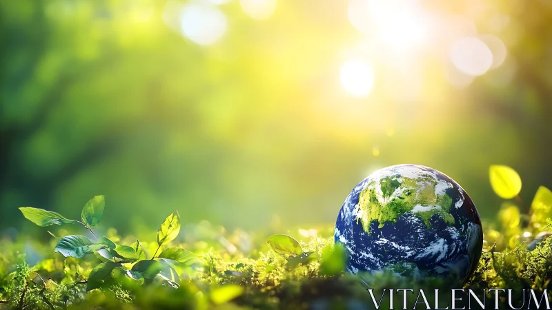 Earth globe resting on lush greenery with sunlight, eco-friendly concept.