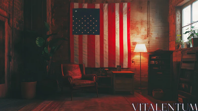 Cozy loft corner with vintage flag and soft evening light.