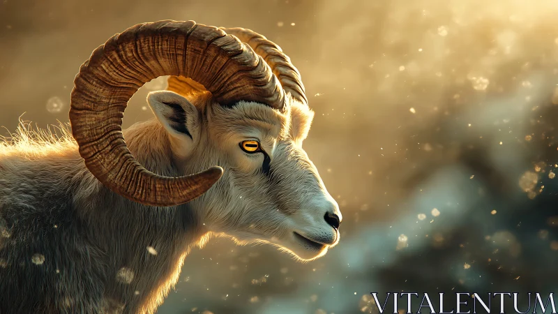 Golden-horned mountain ram gazes through dustlit sunset glow.